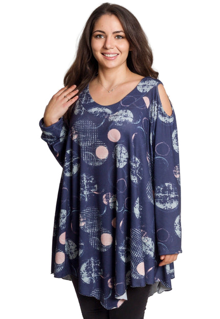 Елегантна тъмносиня разкроена туника с артистичен десен