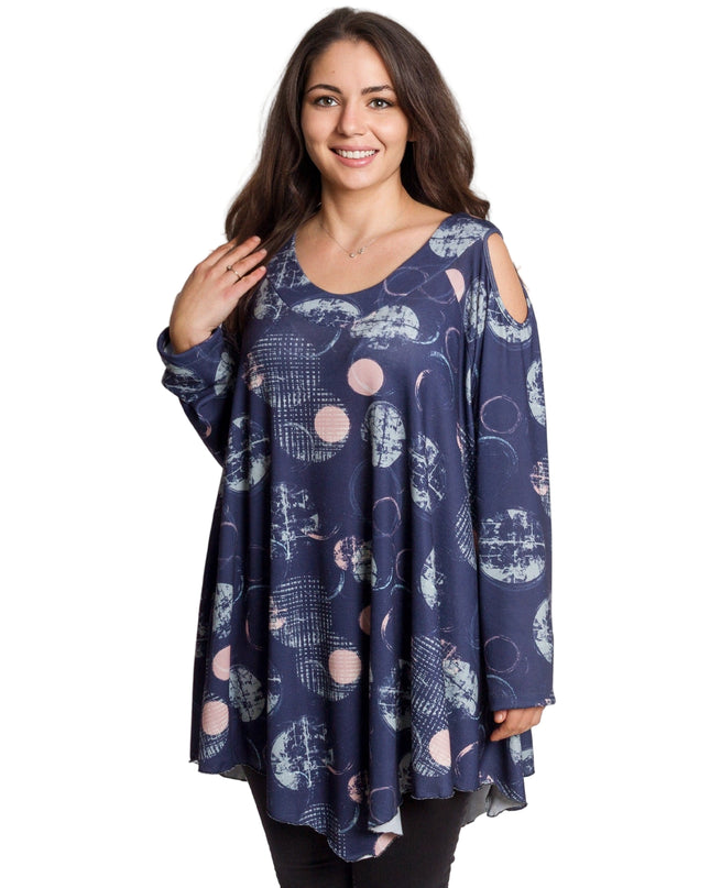 Елегантна тъмносиня разкроена туника с артистичен десен