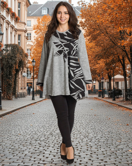 Сива разкроена туника с флорални мотиви в големи размери