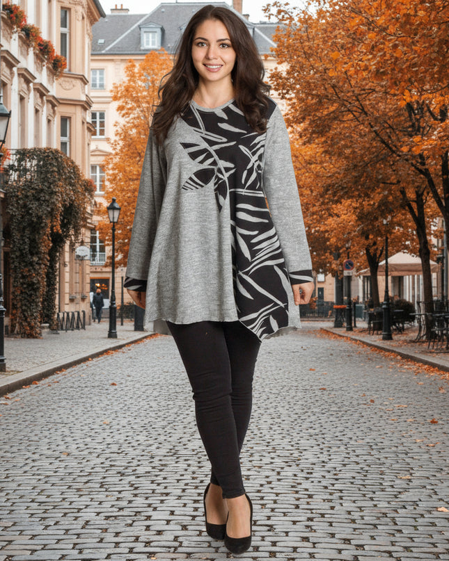 Сива разкроена туника с флорални мотиви в големи размери