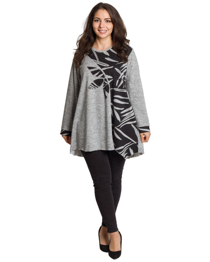 Сива разкроена туника с флорални мотиви в големи размери