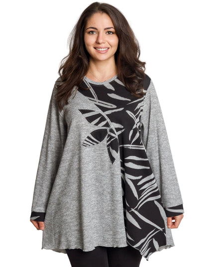 Сива разкроена туника с флорални мотиви в големи размери