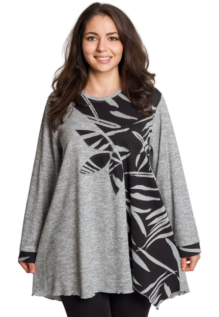 Сива разкроена туника с флорални мотиви в големи размери