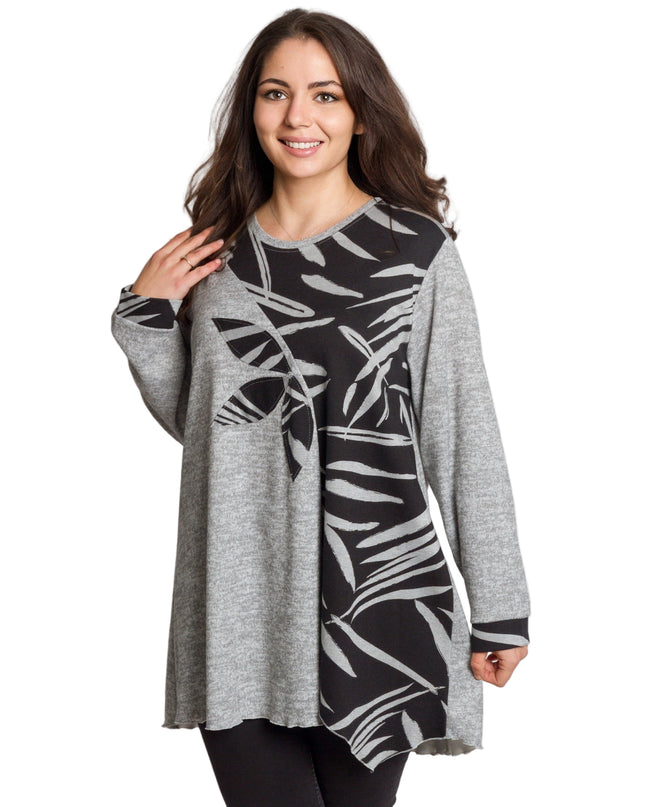 Сива разкроена туника с флорални мотиви в големи размери