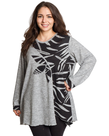 Сива разкроена туника с флорални мотиви в големи размери