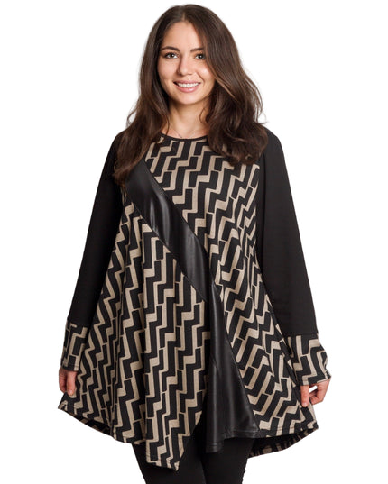 Черна туника с геометричен принт и декоративна лента от еко-кожа