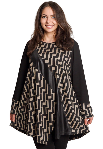 Черна туника с геометричен принт и декоративна лента от еко-кожа