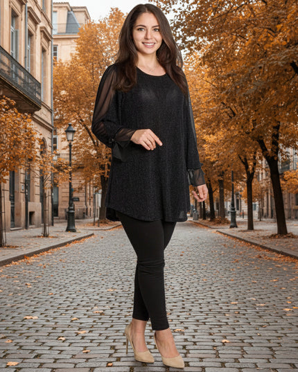 Елегантна черна туника с тюлени ръкави и разкроена кройка