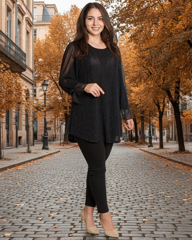 Елегантна черна туника с тюлени ръкави и разкроена кройка