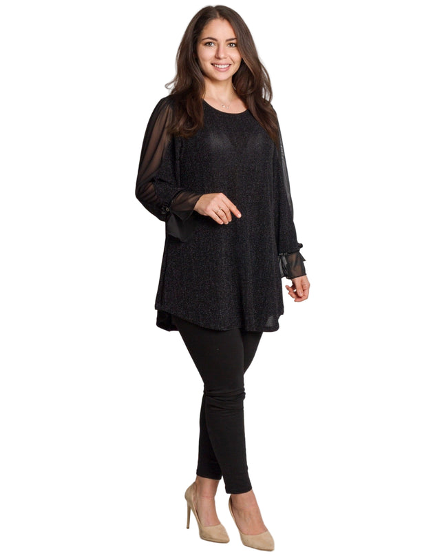 Елегантна черна туника с тюлени ръкави и разкроена кройка