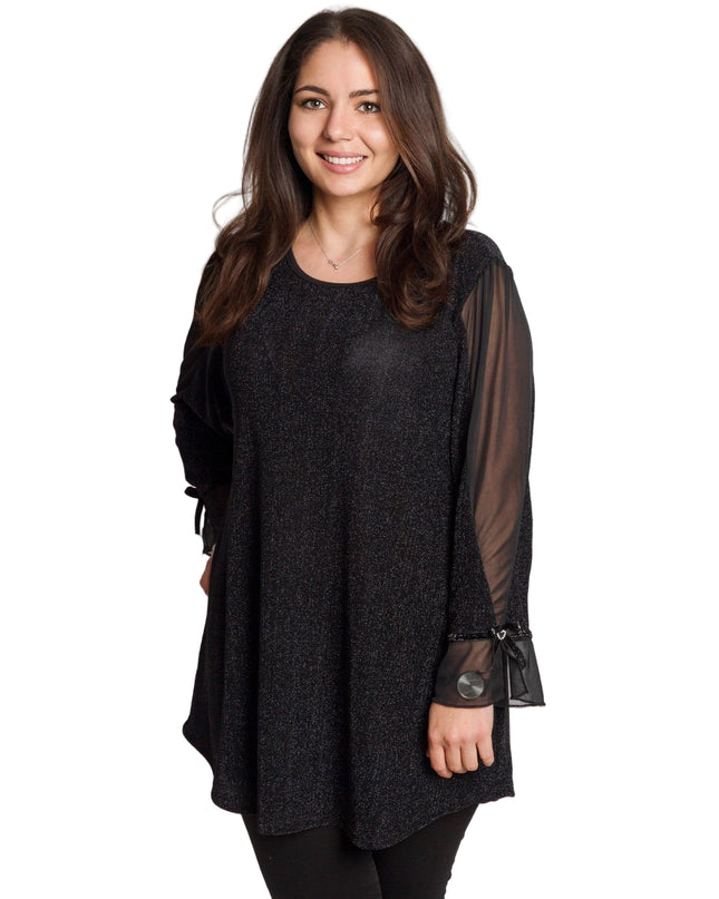 Елегантна черна туника с тюлени ръкави и разкроена кройка