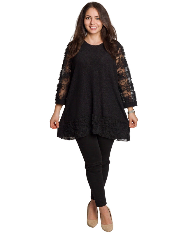 Официална черна туника с тюлени ръкави и флорални мотиви