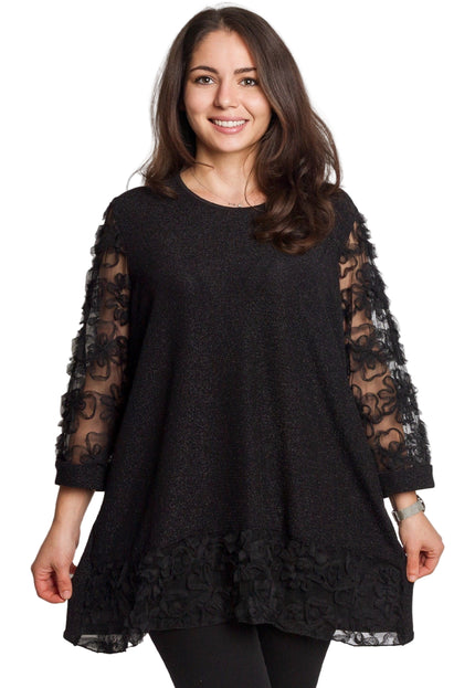 Официална черна туника с тюлени ръкави и флорални мотиви