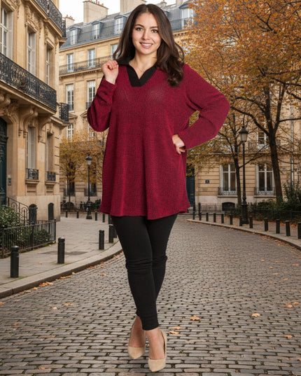 Елегантна червена туника с яка и V-образно деколте