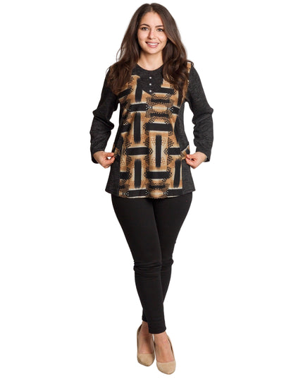 Тъмносивa туника с абстрактен принт и декоративни камъни