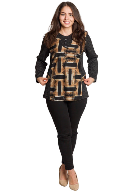 Тъмносивa туника с абстрактен принт и декоративни камъни