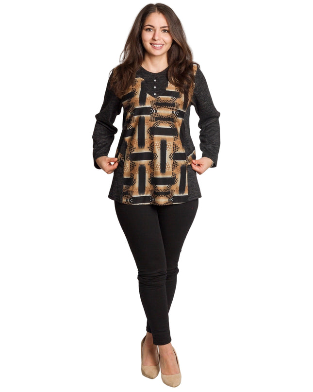 Тъмносивa туника с абстрактен принт и декоративни камъни