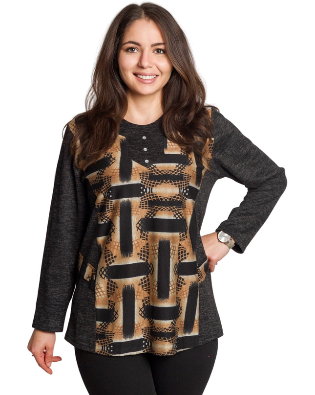 Тъмносивa туника с абстрактен принт и декоративни камъни