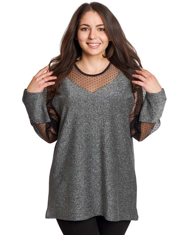 Елегантна сребриста туника с блестящ ефект в големи размери