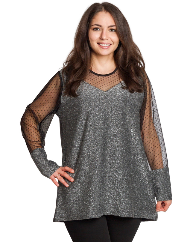 Елегантна сребриста туника с блестящ ефект в големи размери