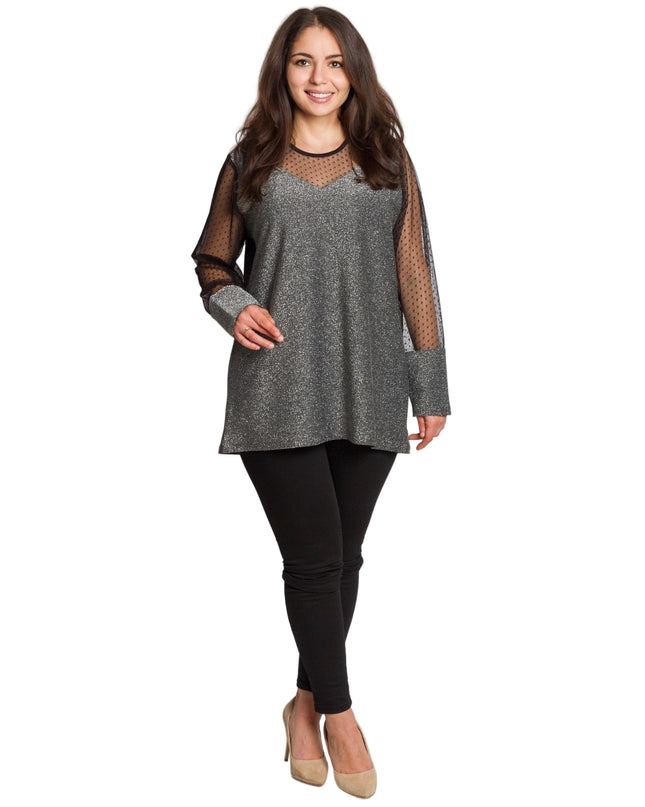 Елегантна сребриста туника с блестящ ефект в големи размери