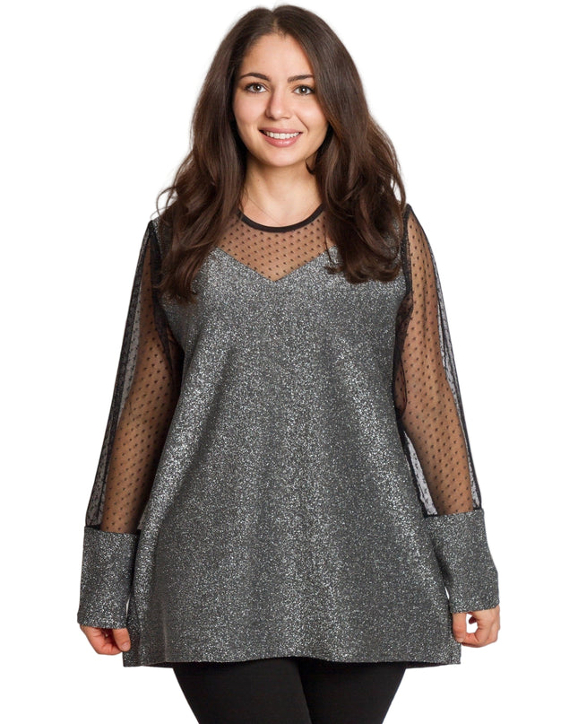 Елегантна сребриста туника с блестящ ефект в големи размери