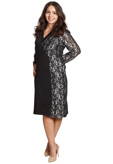 Официална черна рокля с флорален десен и V-образно деколте