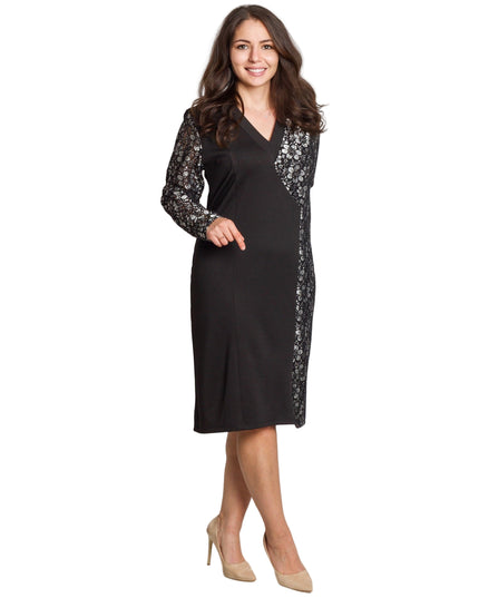 Официална черна рокля с флорален десен и V-образно деколте