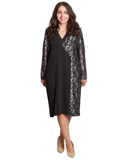 Официална черна рокля с флорален десен и V-образно деколте