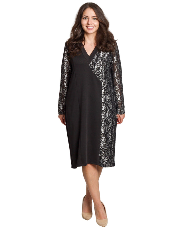 Официална черна рокля с флорален десен и V-образно деколте