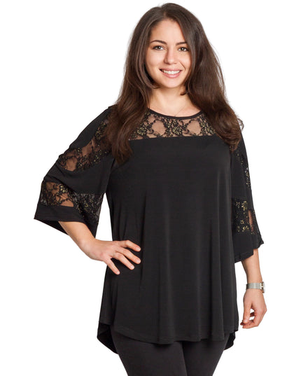 Черна туника с дантела и разкроена кройка в големи размери