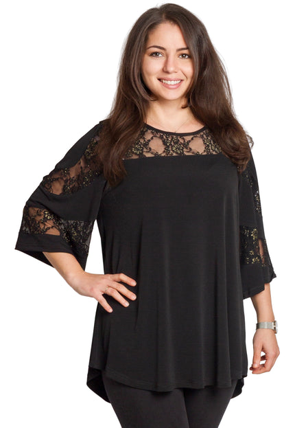 Черна туника с дантела и разкроена кройка в големи размери