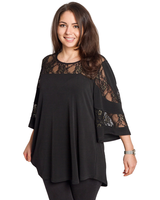 Черна туника с дантела и разкроена кройка в големи размери