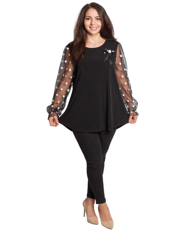 Черна разкроена официална туника с тюлени ръкави на точки