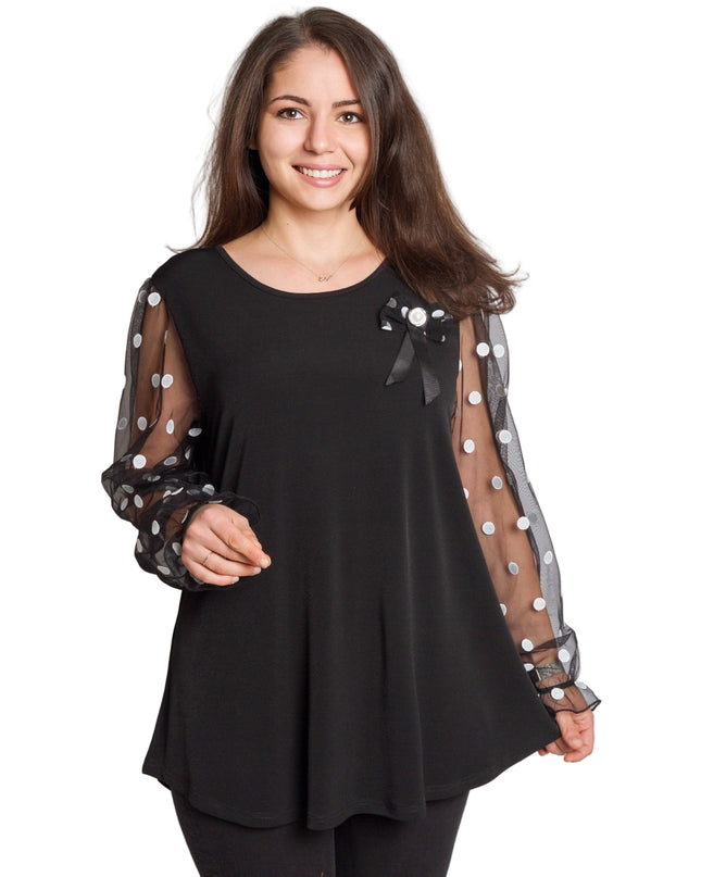 Черна разкроена официална туника с тюлени ръкави на точки