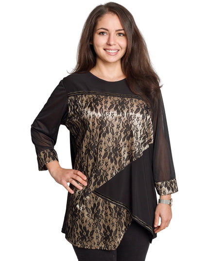 Елегантна черна туника с флорален акцент и ръкави от тюл