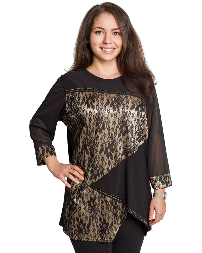 Елегантна черна туника с флорален акцент и ръкави от тюл