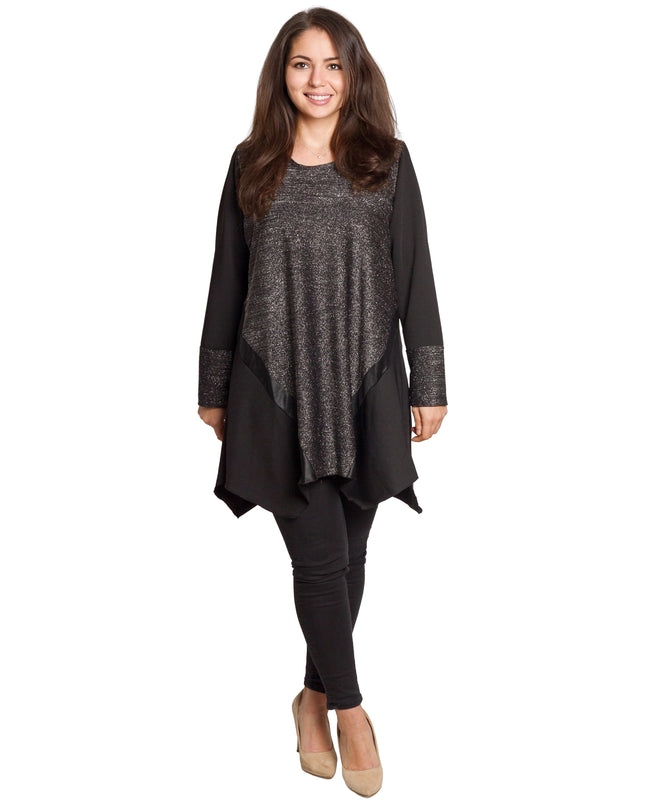 Елегантна сива разкроена туника с ламе ефект и кожени акценти