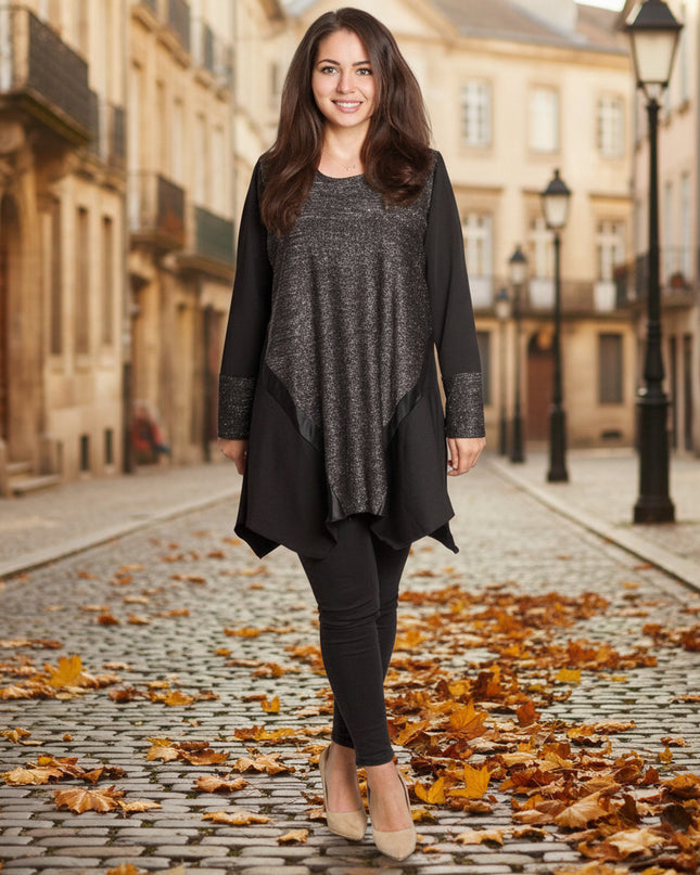 Елегантна сива разкроена туника с ламе ефект и кожени акценти