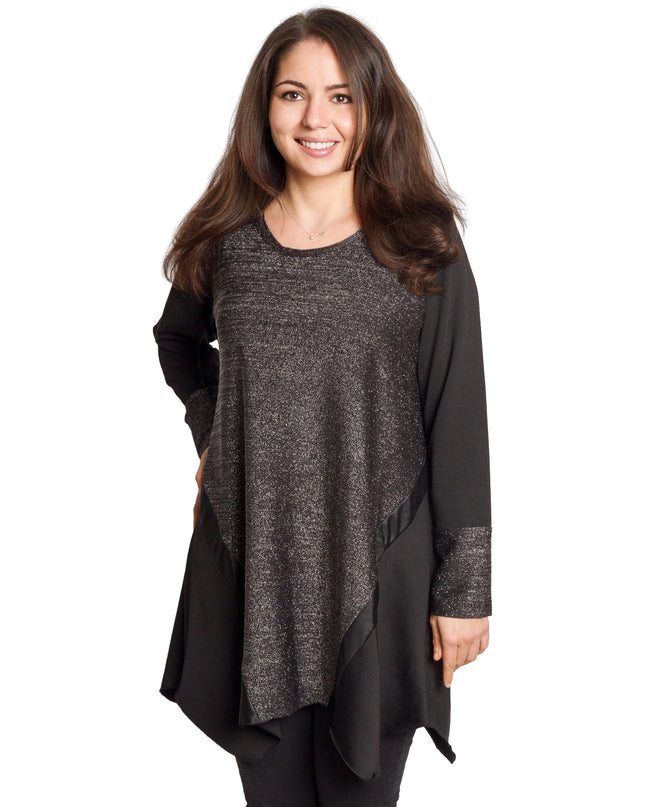 Елегантна сива разкроена туника с ламе ефект и кожени акценти