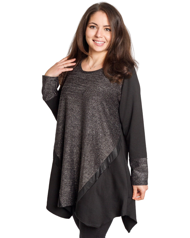 Елегантна сива разкроена туника с ламе ефект и кожени акценти