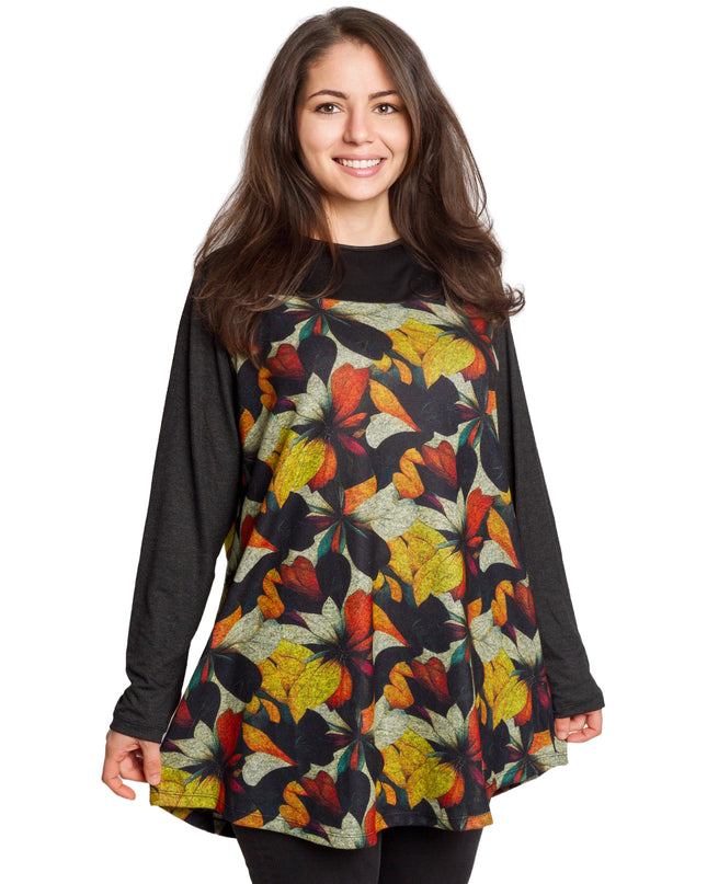 Черна туника с флорален принт в топли цветове