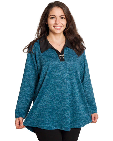 Петролена туника с яка и V-образно деколте в големи размери