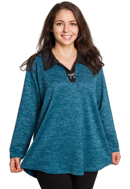 Петролена туника с яка и V-образно деколте в големи размери