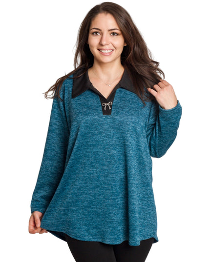 Петролена туника с яка и V-образно деколте в големи размери