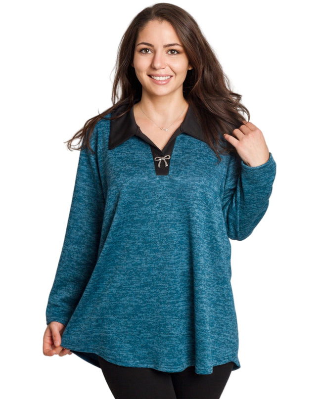 Петролена туника с яка и V-образно деколте в големи размери