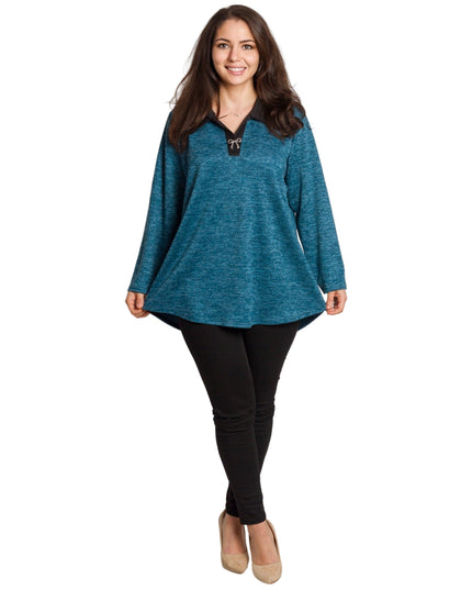 Петролена туника с яка и V-образно деколте в големи размери