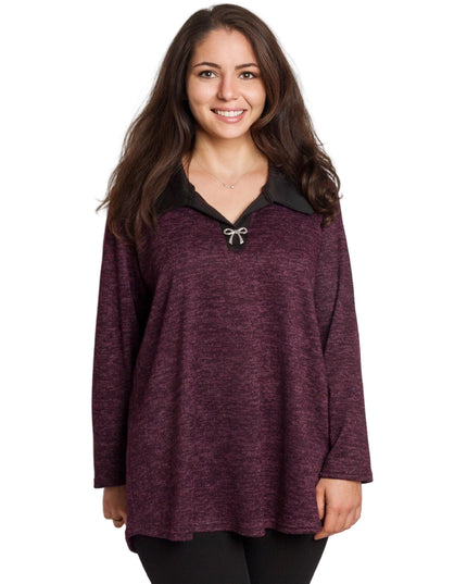 Стилна туника с яка в цвят бордо и големи размери