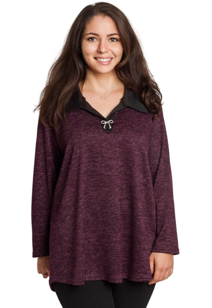 Стилна туника с яка в цвят бордо и големи размери