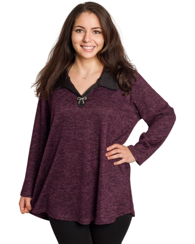 Стилна туника с яка в цвят бордо и големи размери